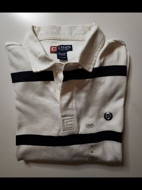 Vintage Chaps White and Navy Striped Collared Polo, Long Sleeved.